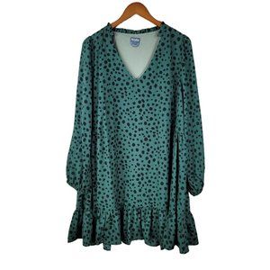 Arula Plus Size A 1X Babydoll Dress Green Ruffle Side Aru Teal Deer Print